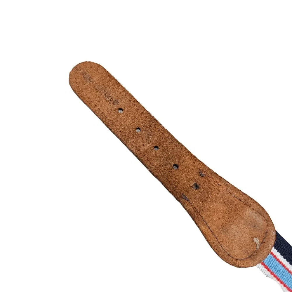 Striped Web Belt‎ 33 Genuine Leather Navy Blue Red Accents Casual Woven Preppy